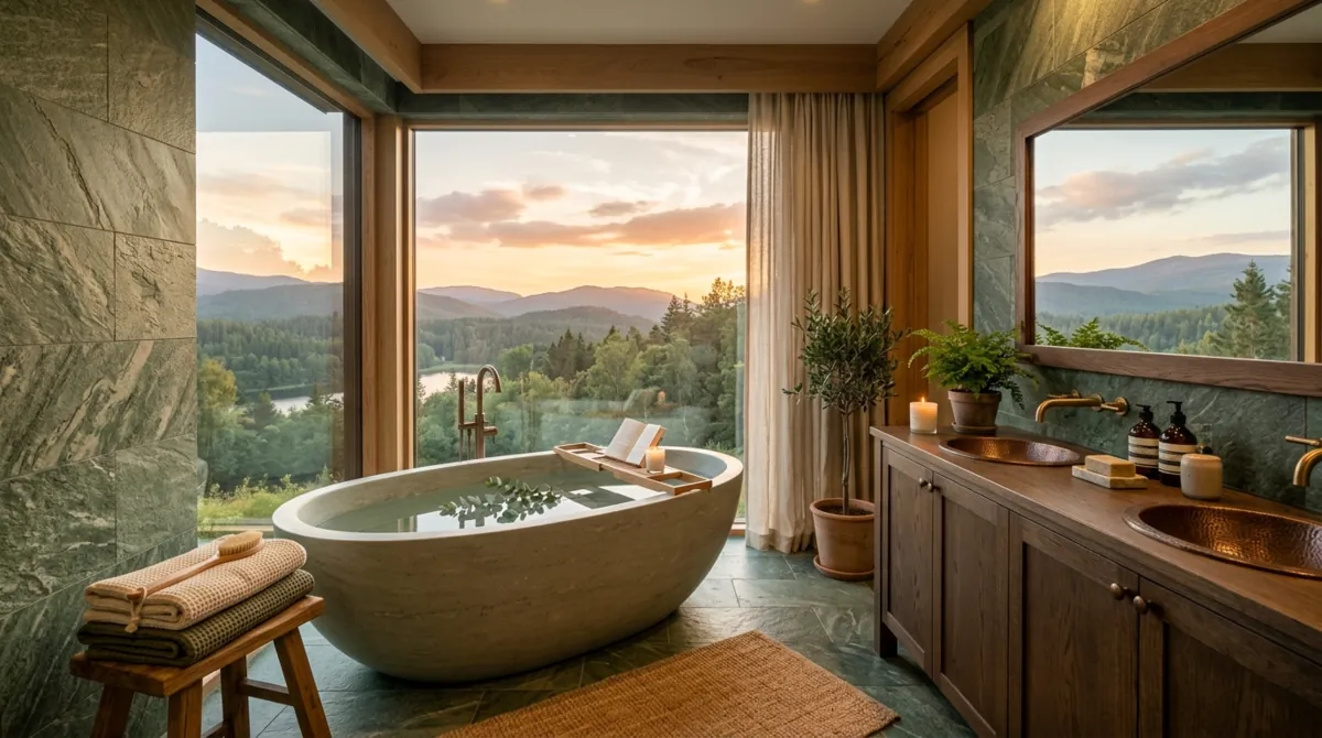 Tranquil luxury bathroom with layered green stone tile, soaking tub, panoramic window, and sunset light.