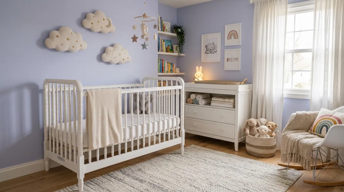 Charming nursery with pastel walls, white crib, cloud decor, and soft warm lighting.