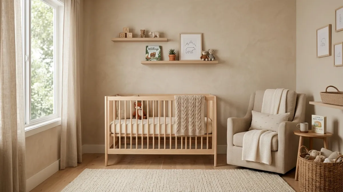 Cozy nursery with beige tones, knitted blankets, wooden crib, and toy shelves.