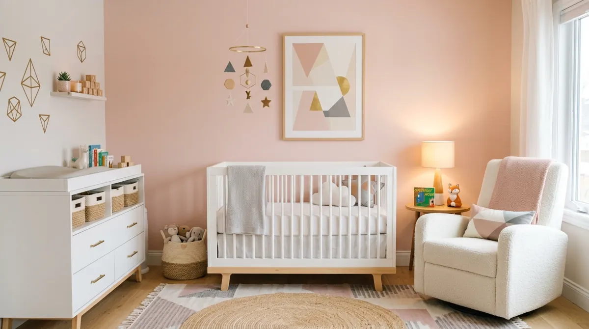 Modern adorable nursery with blush accent wall, white crib, and geometric decor.