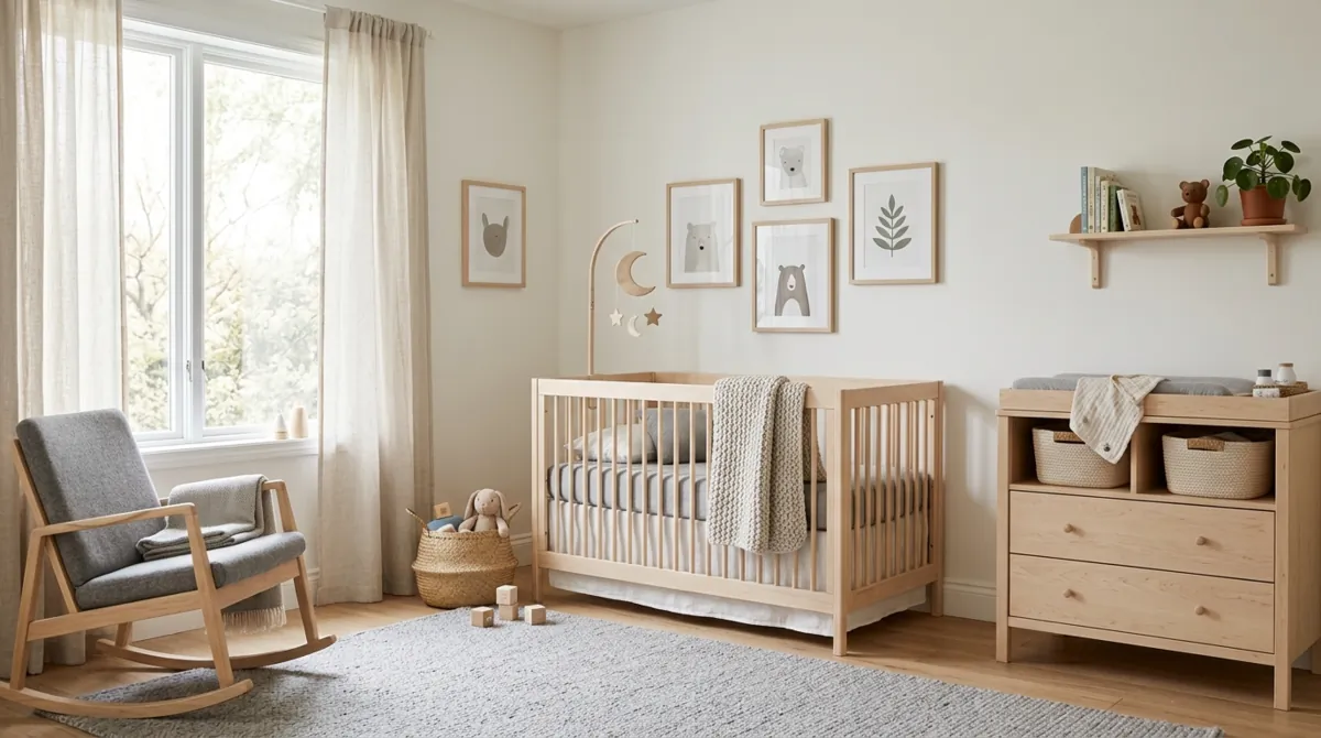 Scandinavian nursery with light wood furniture, gray textiles, simple art, and airy light.