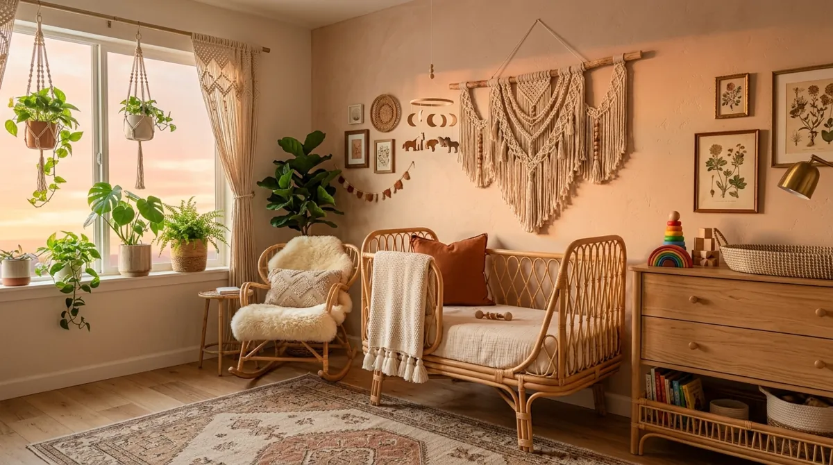 Bohemian nursery with rattan crib details, macrame decor, earthy tones, and hanging plants.