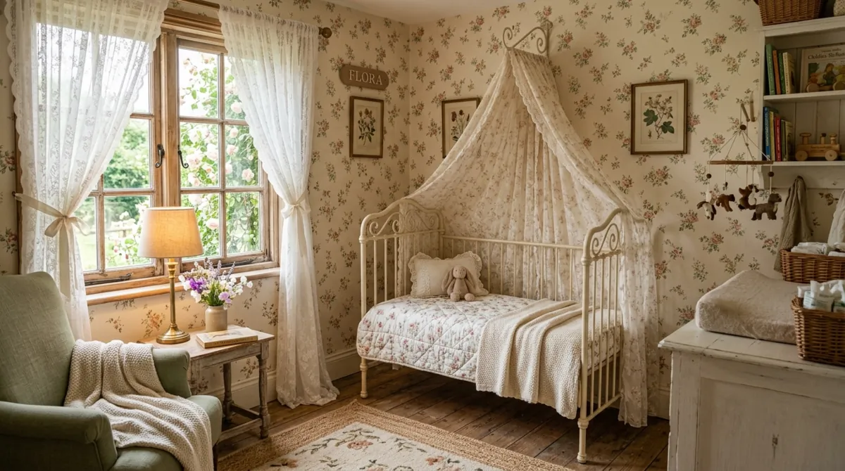 Cottage-style nursery with floral wallpaper, vintage crib, lace curtains, and cozy lighting.