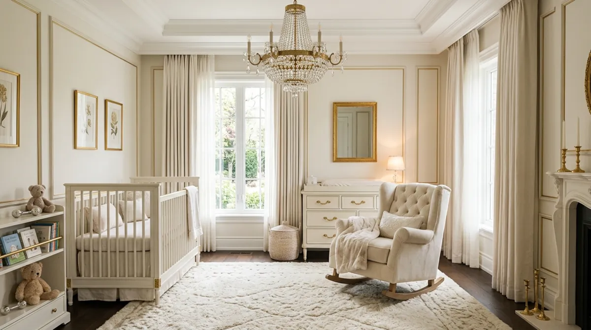 Luxury nursery with tufted rocking chair, chandelier, gold accents, plush rug, and ambient lighting.