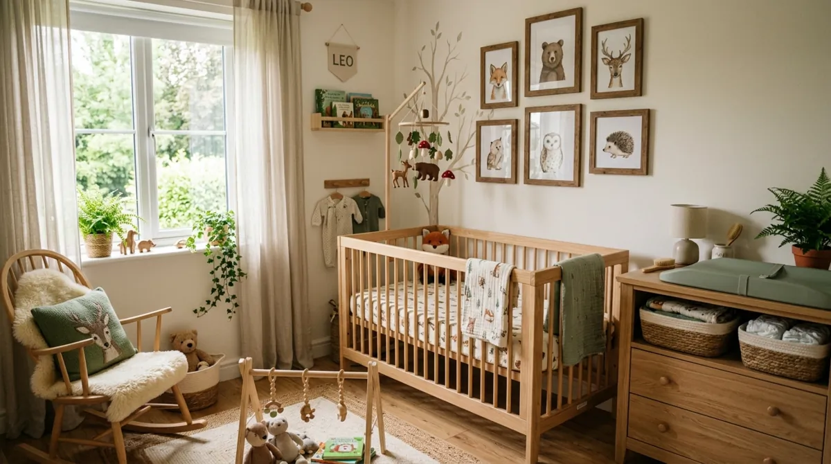 Woodland-themed nursery with animal decor, wood furniture, green accents, and natural light.