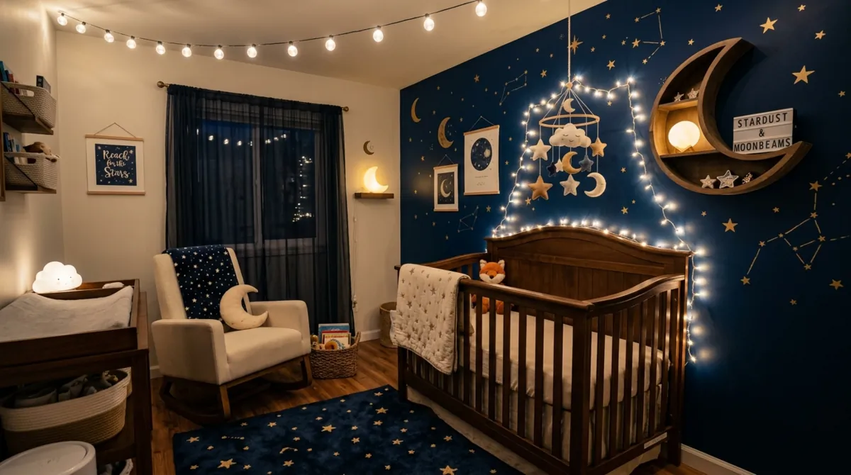 Celestial nursery with stars, moon decor, dark accent wall, and glowing fairy lights.