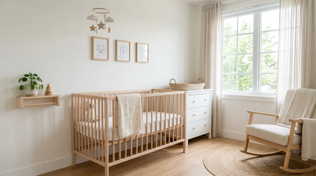 Minimal nursery with white walls, simple crib, subtle decor, and bright natural daylight.