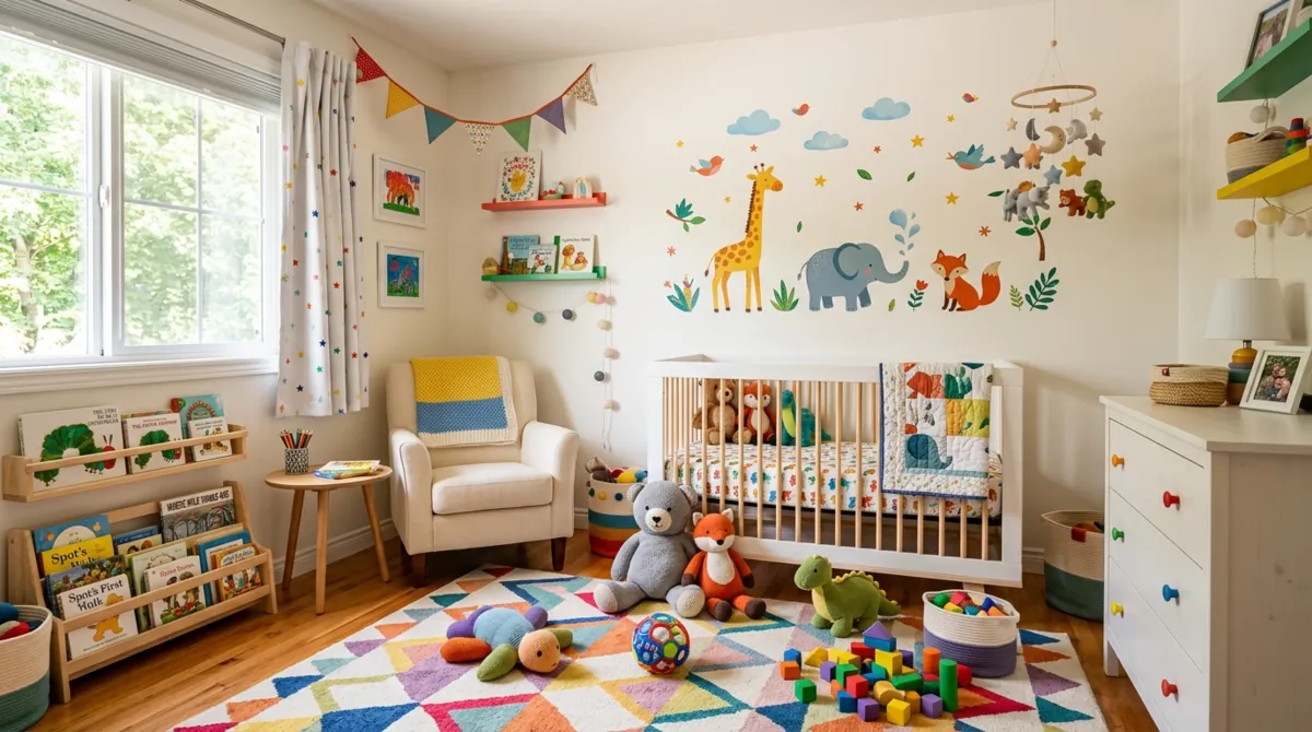Playful nursery with colorful toys, cheerful decals, reading nook, and bright daylight.