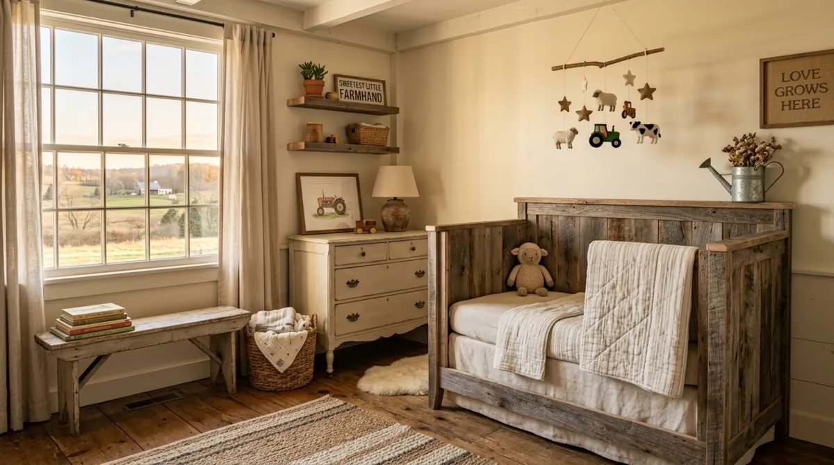 Farmhouse nursery with reclaimed wood crib, neutral bedding, rustic decor, and golden lighting.