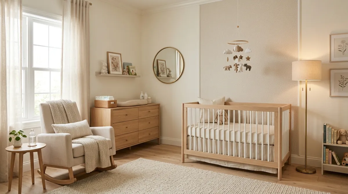 Modern elegant nursery with beige palette, sleek furniture, subtle accents, and ambient lighting.