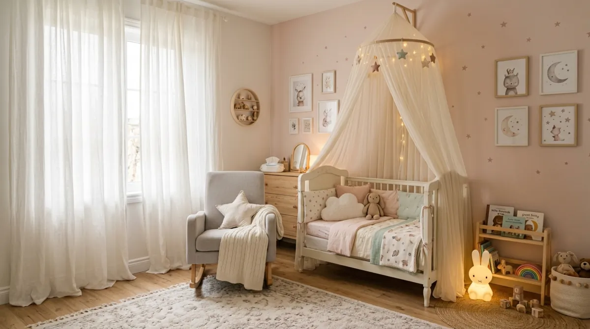 Dreamy nursery with canopy crib, flowing curtains, pastel tones, and gentle warm lighting.