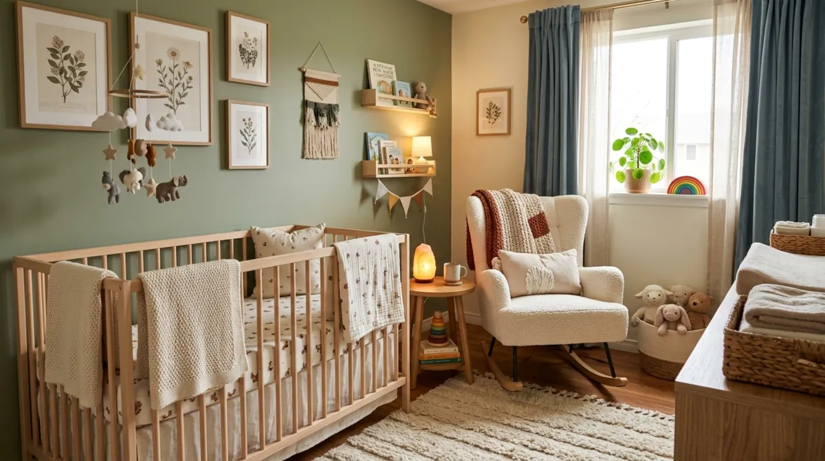 Cozy baby haven nursery with layered textiles, plush toys, soft lighting, and warm decor.