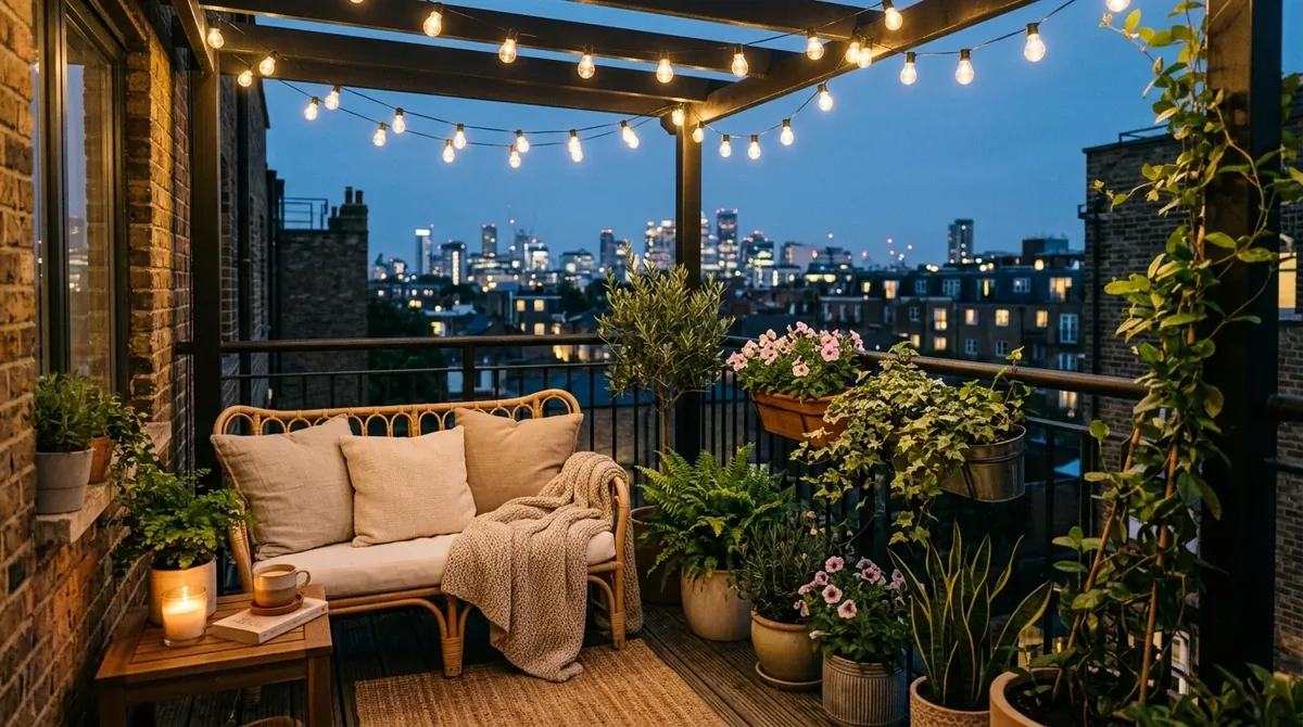 Cozy urban balcony with rattan loveseat, neutral cushions, string lights, planters, and warm evening glow.