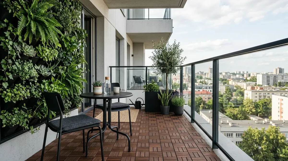 Modern minimalist balcony with black metal furniture, wood deck tiles, vertical plant wall, and geometric styling.