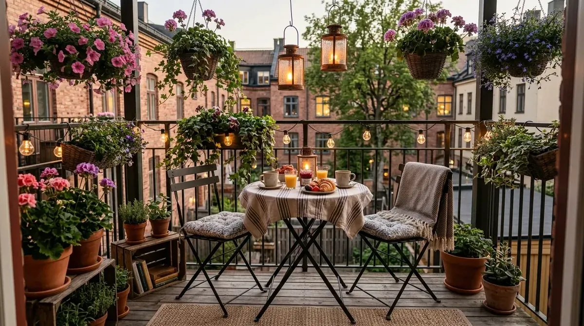 Small apartment balcony with foldable cafe table, bistro chairs, hanging flowers, and lantern lighting.