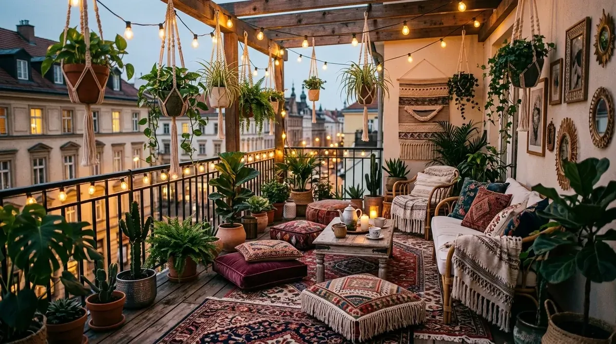 Bohemian balcony with layered rugs, floor cushions, macrame hangers, greenery, and golden string lights.