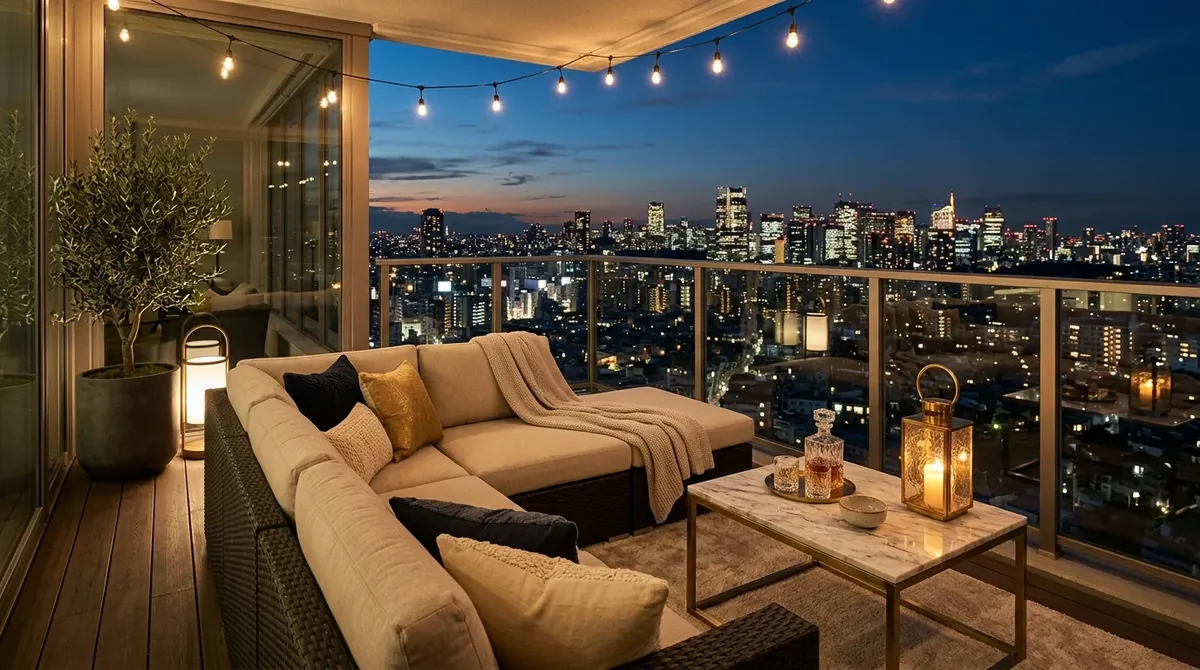 Luxury balcony with sectional seating, marble side table, lanterns, and panoramic city skyline views.