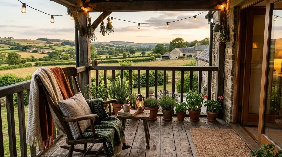 Rustic wooden balcony with rocking chair, herb planters, woven blankets, and warm ambient lighting.