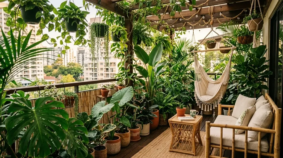 Tropical balcony with bamboo furniture, leafy plants, rattan accents, and lush green urban retreat styling.