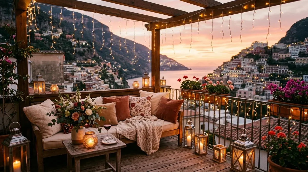 Romantic balcony with fairy lights, candle lanterns, floral arrangements, cushions, and sunset glow.