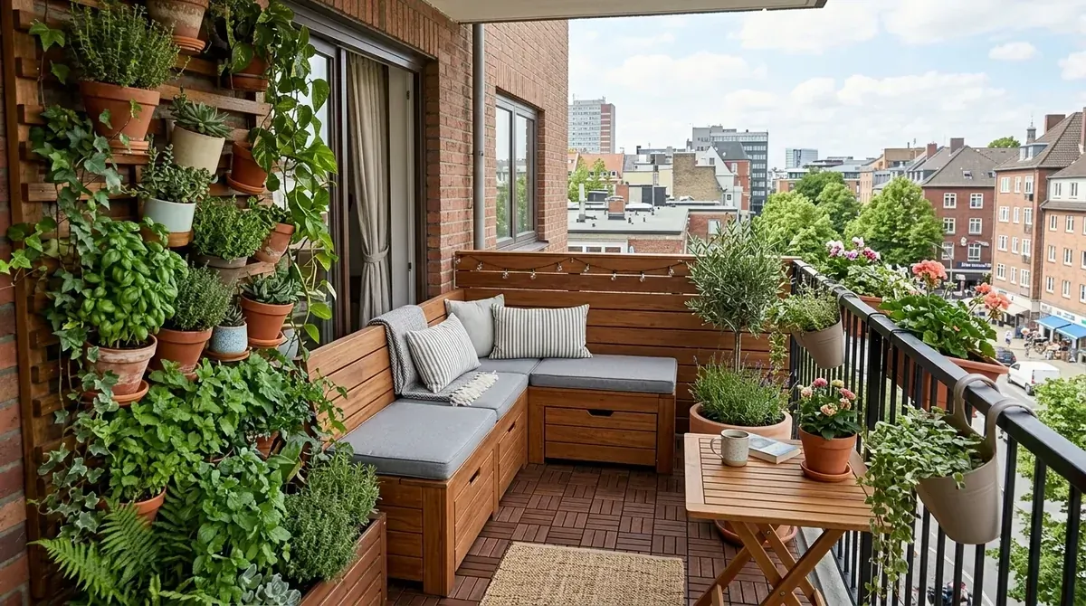 Compact city balcony with bench seating, built-in storage, vertical garden wall, and efficient cozy layout.