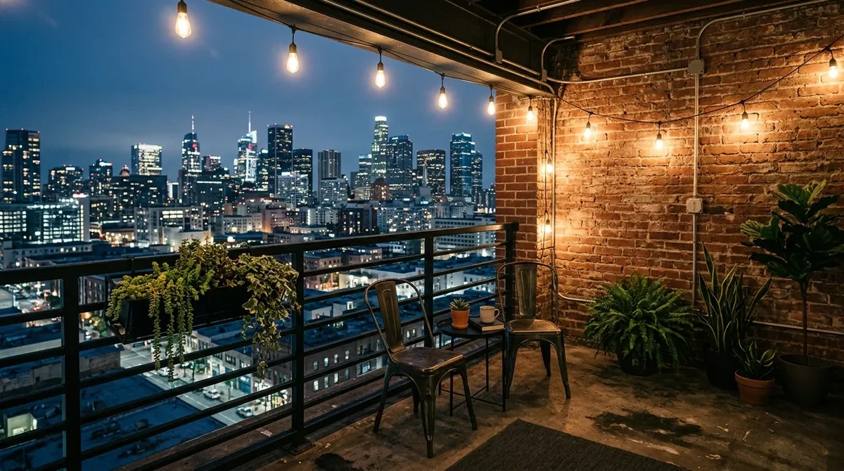 Industrial-style balcony with steel railing, concrete floor, metal chairs, exposed brick, and Edison lighting.