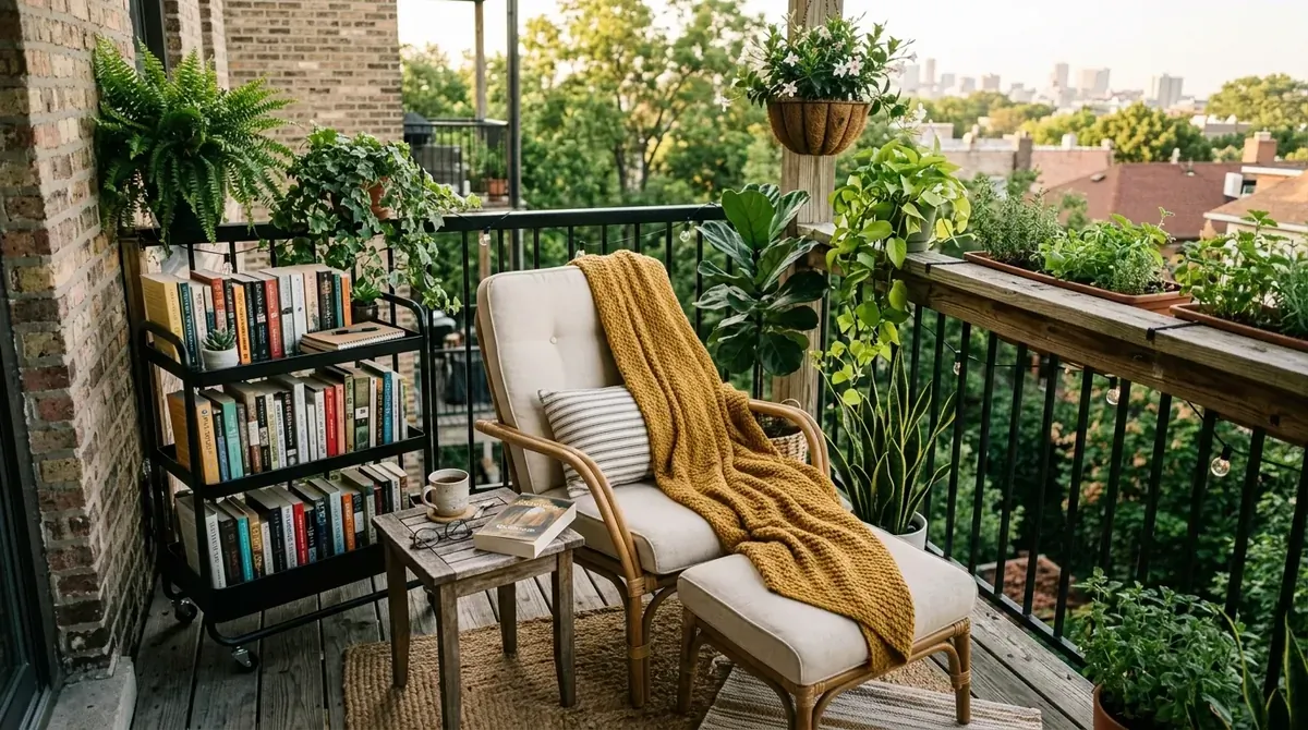 Cozy reading balcony with lounge chair, side table, throw blanket, bookshelf cart, and greenery.