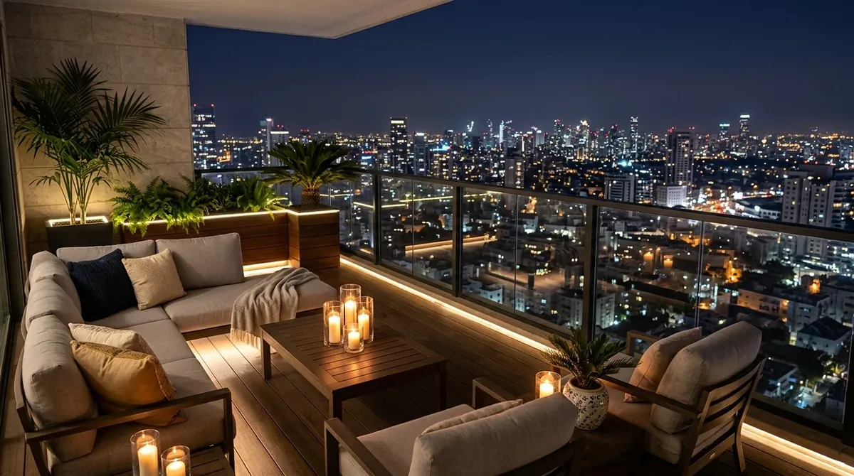 Elegant balcony with glass railing, upholstered seating, LED lighting, candles, and sparkling city skyline.