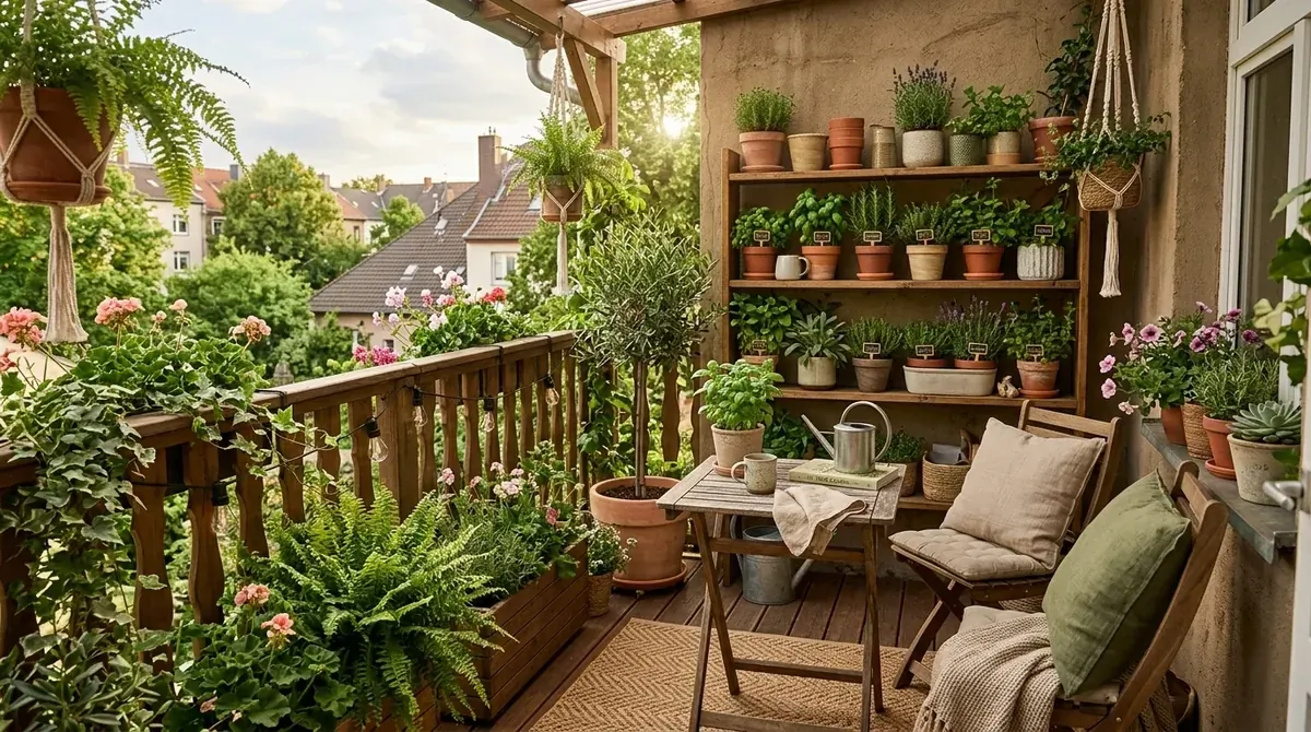 Nature-inspired balcony with herb garden planters, wooden furniture, earthy tones, and soft natural sunlight.