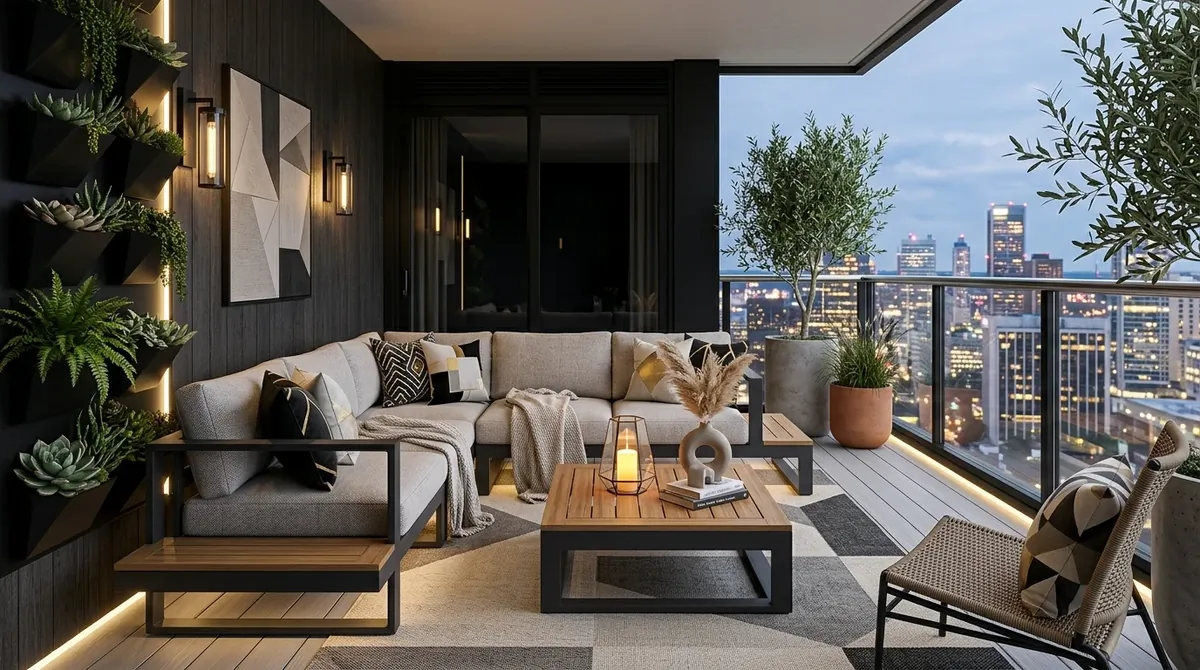 Modern chic balcony with modular seating, geometric decor, neutral palette, and integrated lighting.