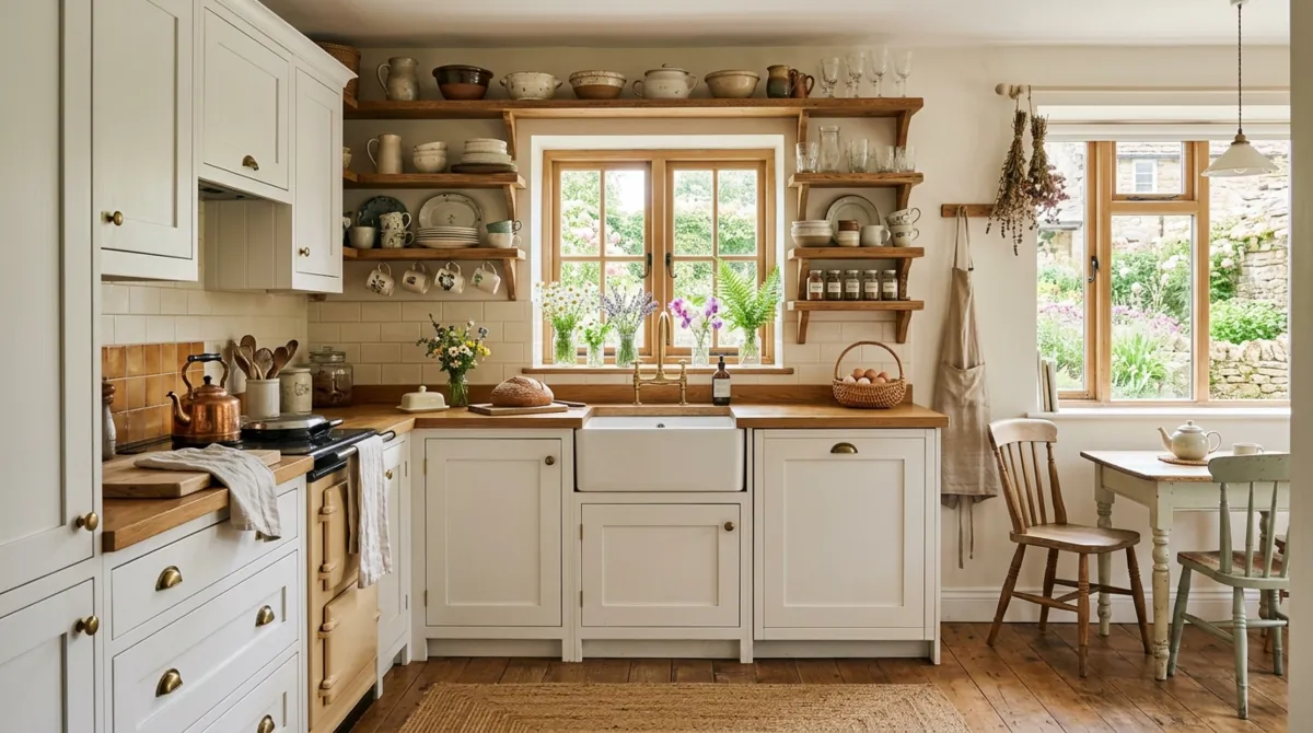 Cottagecore kitchen with white shaker cabinets, wood shelves, ceramics, and wildflowers.