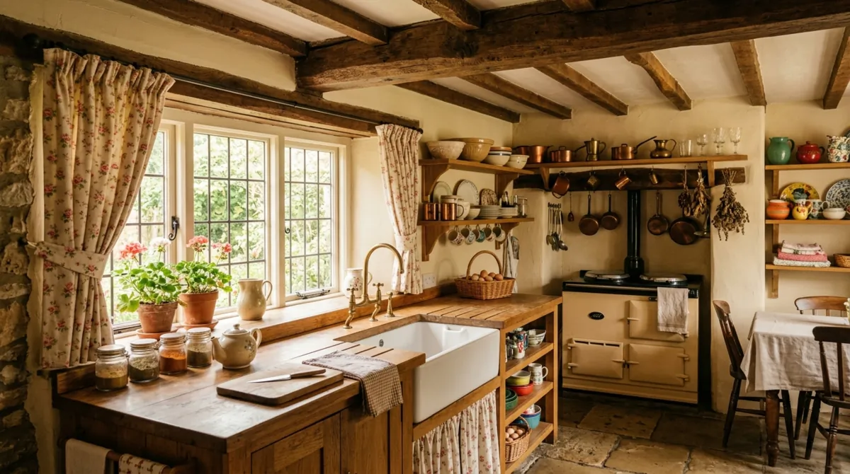Rustic cottage kitchen with reclaimed beams, apron sink, floral curtains, and vintage cookware.