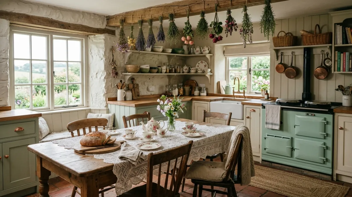 Cottagecore kitchen with pastel cabinets, lace linens, hanging dried herbs, and diffused light.