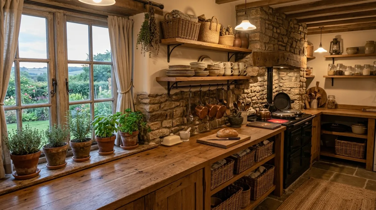 Farmhouse cottage kitchen with stone backsplash, wood counters, baskets, and herbs.