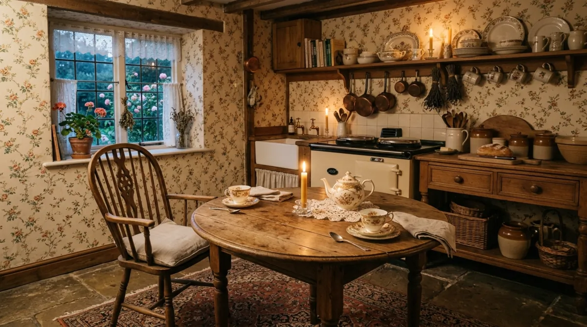 Romantic cottage kitchen with floral wallpaper, antique table, porcelain teacups, and candles.