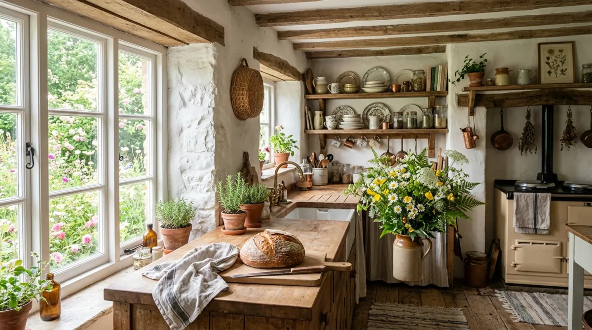 Bright cottagecore kitchen with whitewashed walls, rustic shelves, bread, and wildflowers.