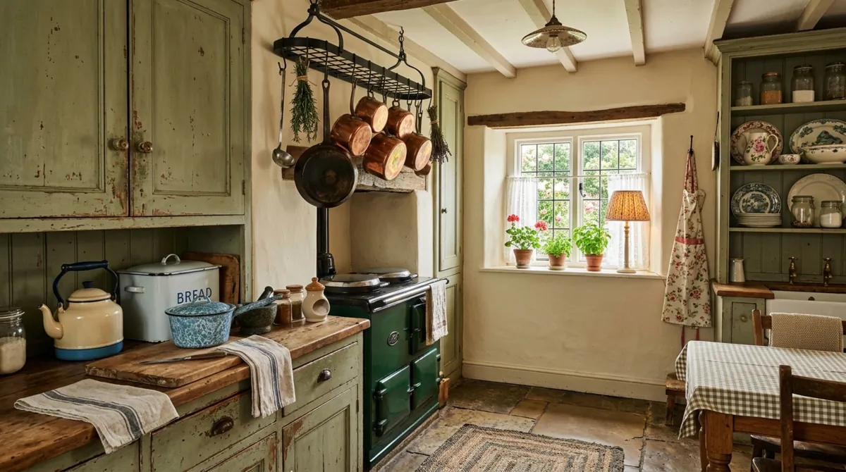 Vintage cottage kitchen with distressed cabinets, enamel cookware, copper pans, and textured fabrics.