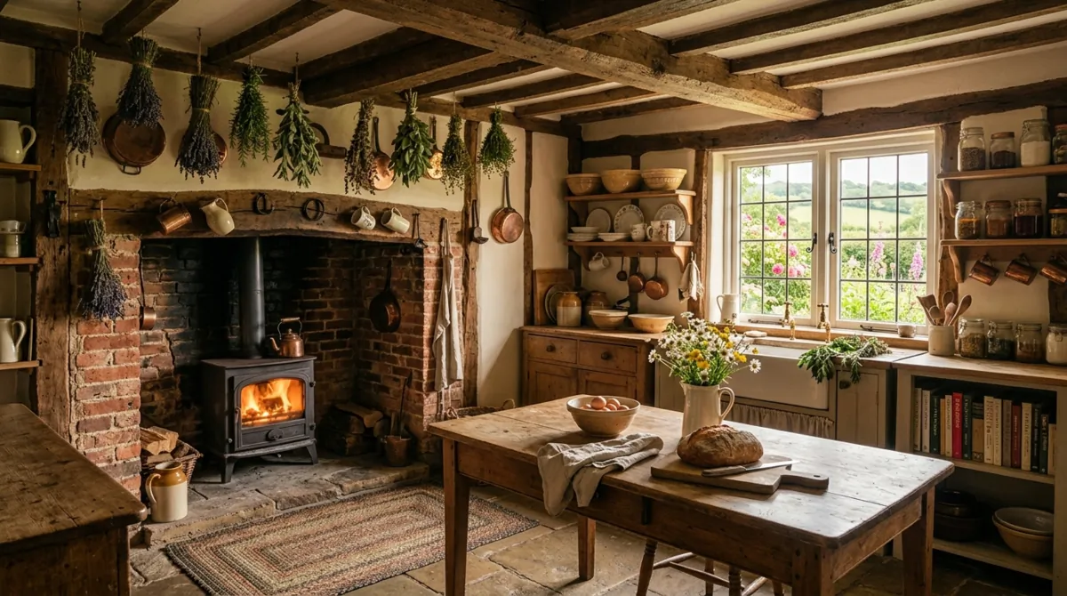 English cottage kitchen with wood beams, brick fireplace, herbs, and golden light.