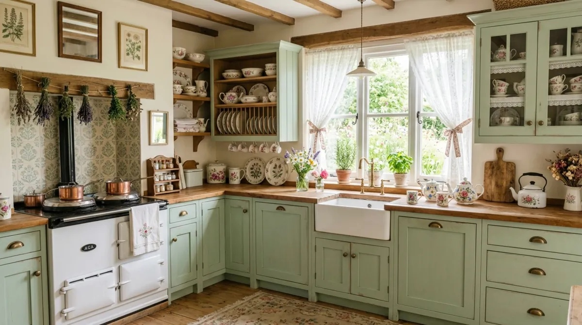 Pastel cottagecore kitchen with green cabinetry, lace curtains, floral ceramics, and soft daylight.