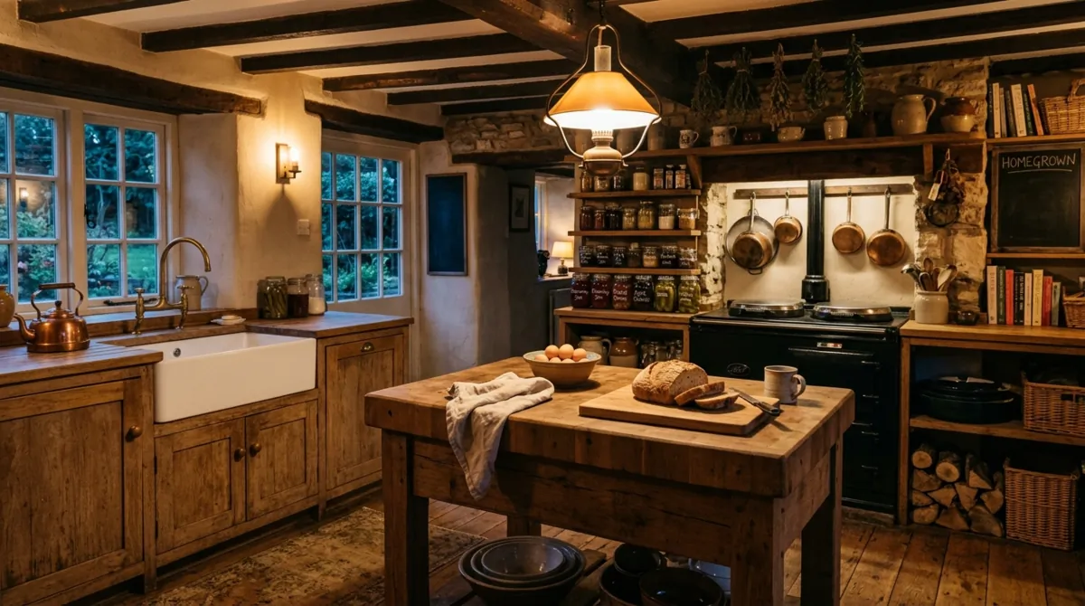 Rustic cottage kitchen with farmhouse sink, wood island, open shelves, and preserve jars.