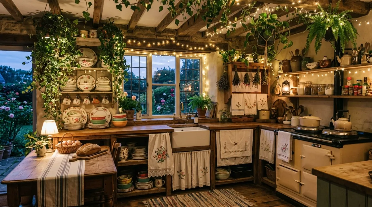 Whimsical cottagecore kitchen with ivy, mismatched dishes, embroidered linens, and fairy lights.