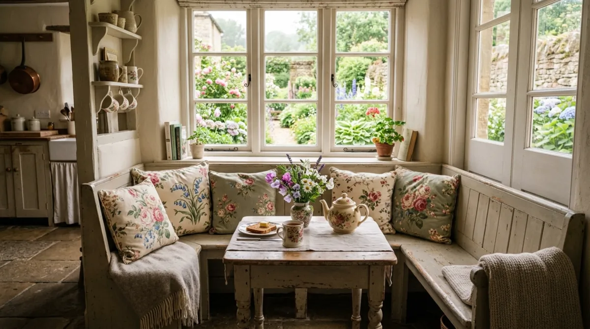 Cottage kitchen nook with small wood table, floral cushions, and garden window.