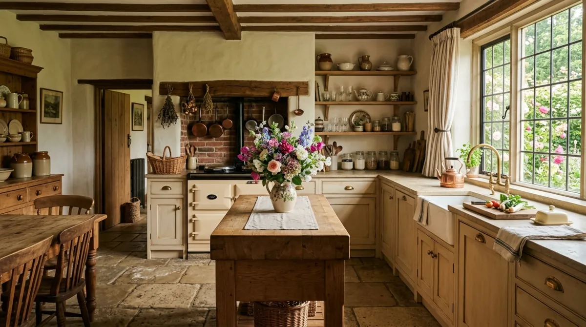 Countryside cottage kitchen with stone floor, wood cabinets, flowers, and sunlit ambiance.