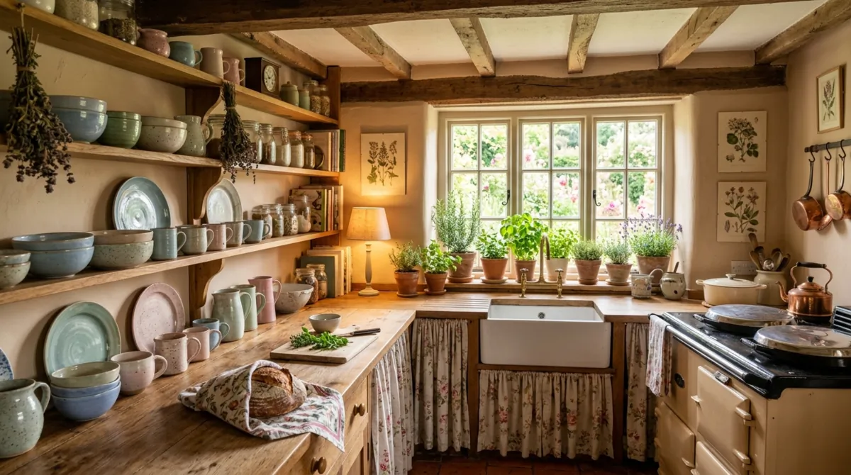 Cottagecore kitchen with handmade pottery, wood beams, pastel accents, and window herbs.