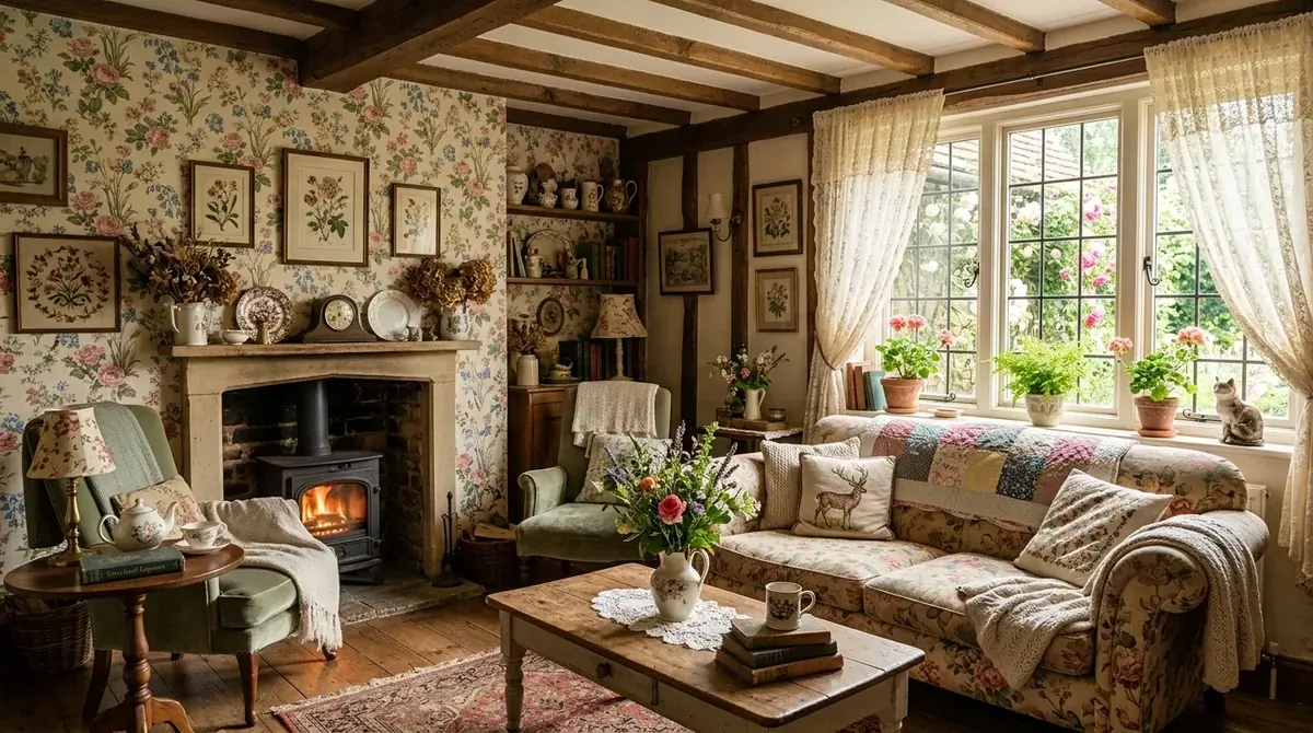 Cottagecore living room with floral sofa, vintage wood table, fireplace, and soft afternoon light.