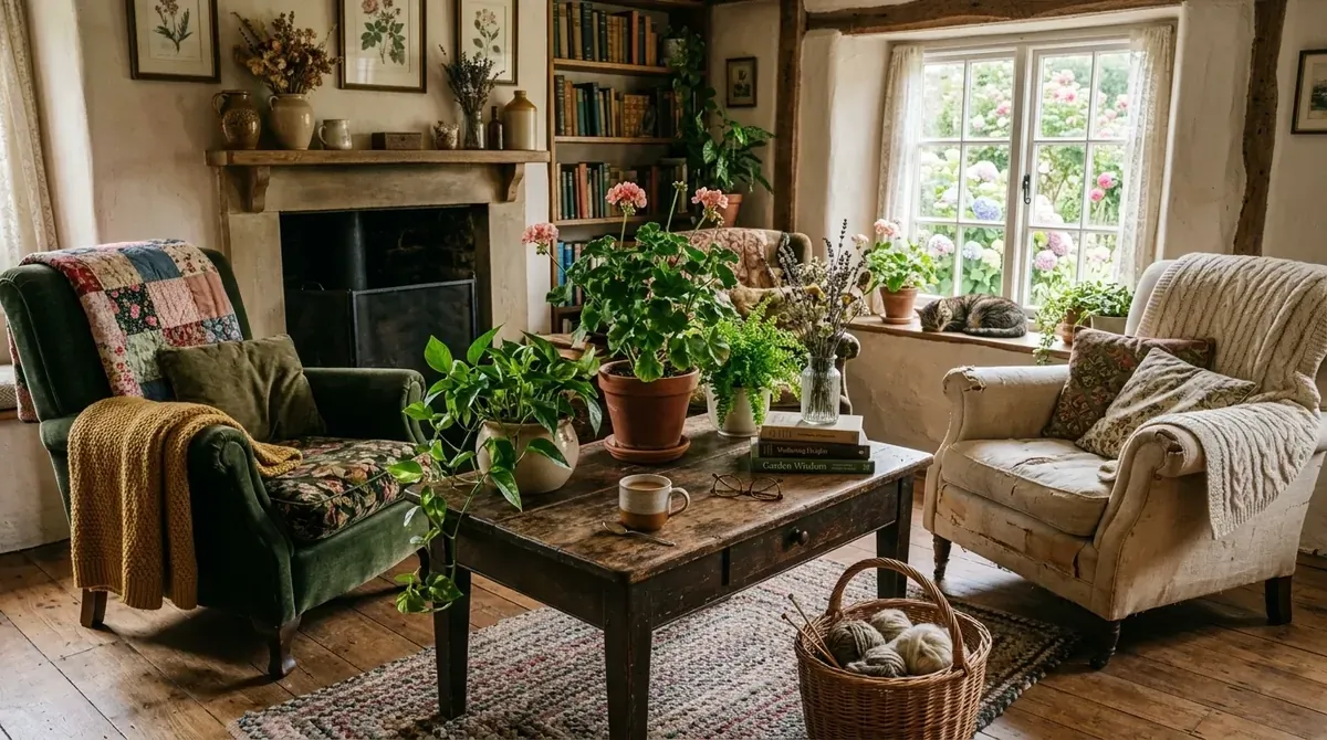 Cozy living room with lace curtains, stacked books, vintage armchair, and gentle daylight.