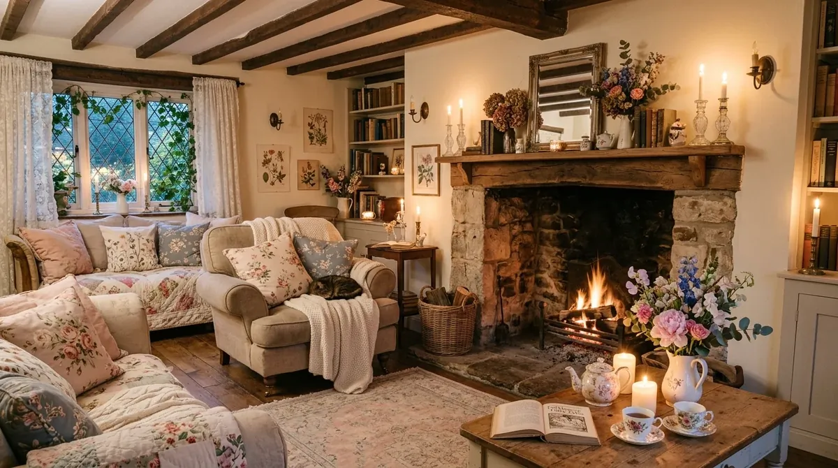 Cottagecore living room in dusty pastel tones with painted wood furniture and fresh flowers.