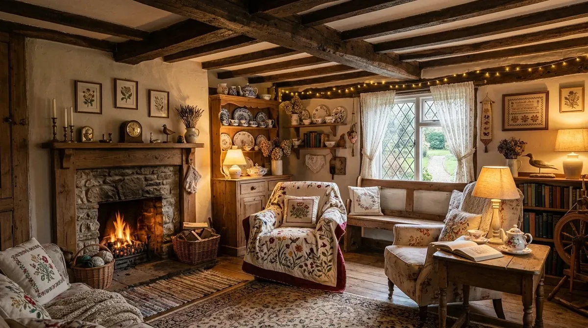 Living room with layered quilts, floral cushions, woven rug, and warm cottagecore styling.