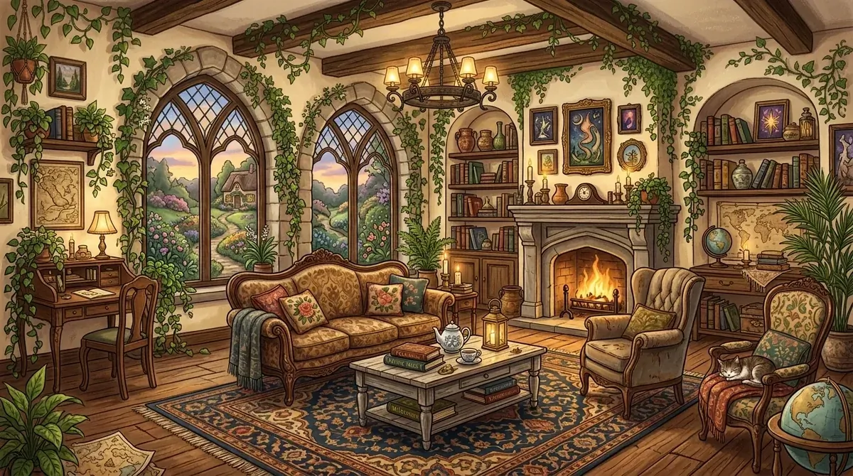 Cottage living room with small tea table, antique chairs, floral wallpaper, and a cozy corner setup.