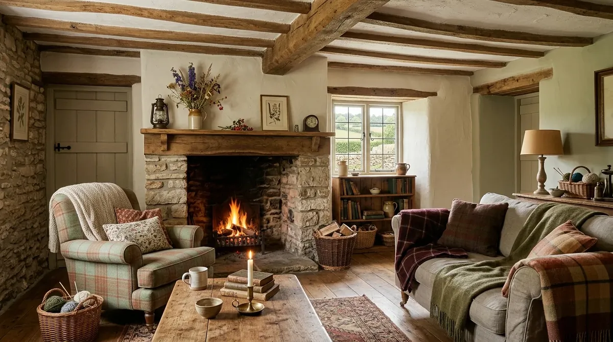 Cottagecore living room with exposed wood furniture, soft curtains, and simple botanical decor.